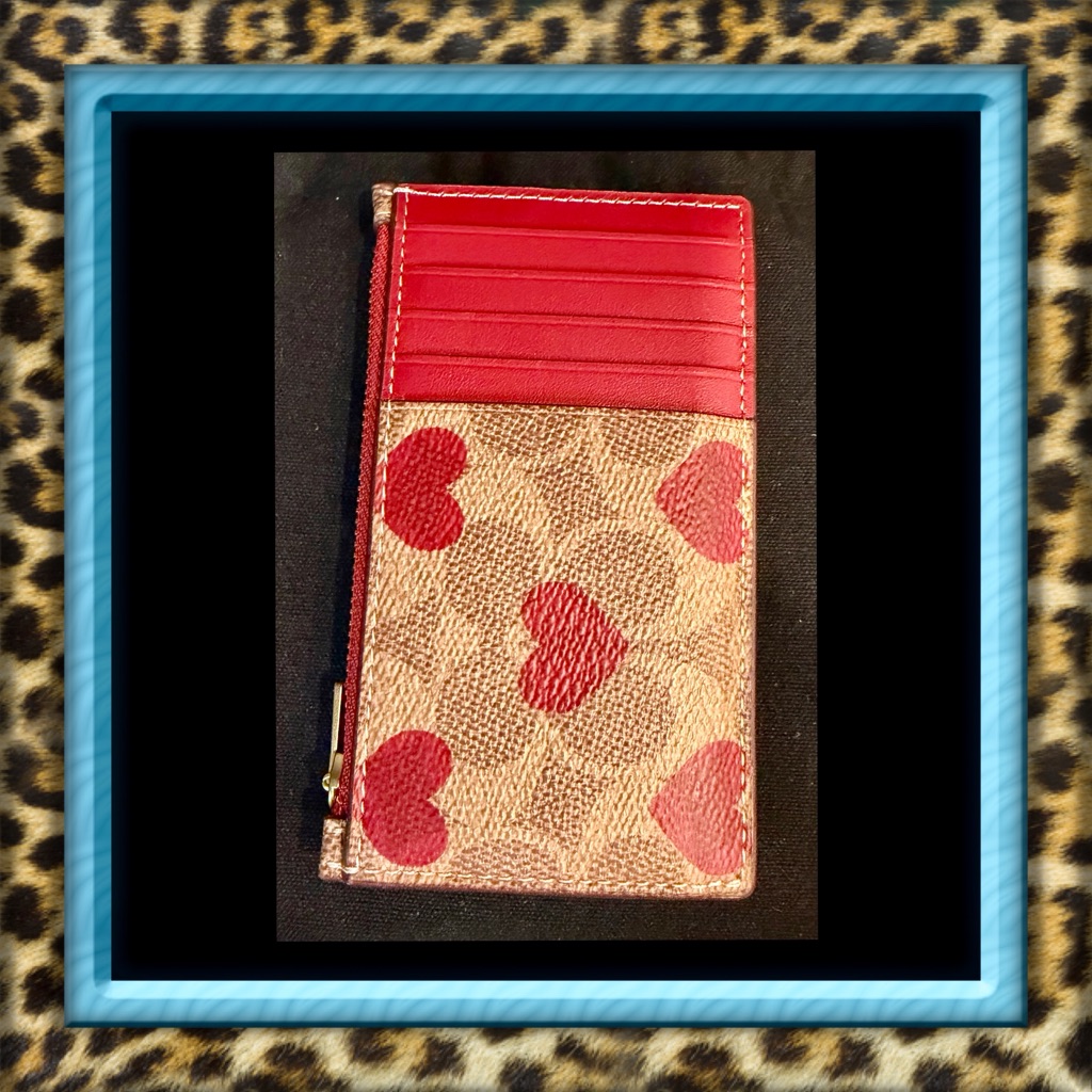 Price Firm Coach Brown Monogram Zippered Card Wallet With Red Hearts